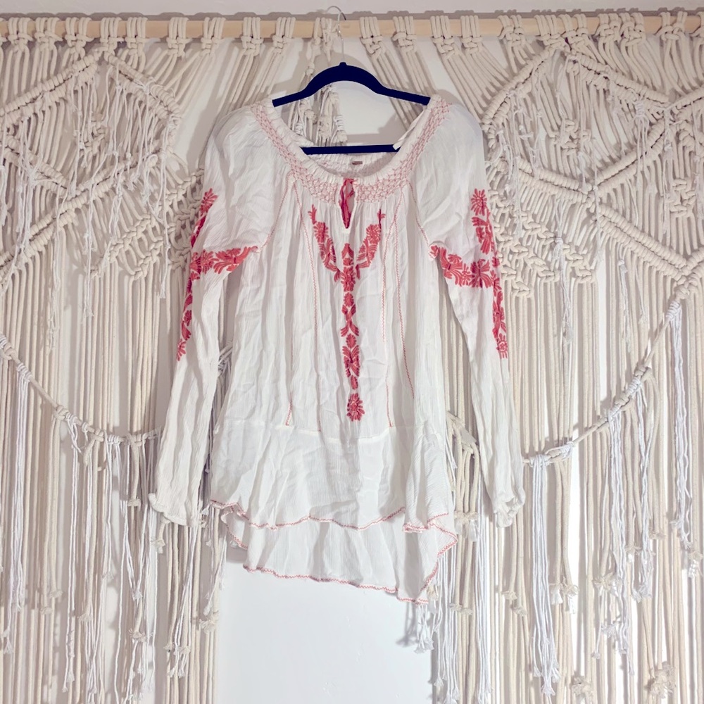 Free People Boho Embroidered Peasant Top